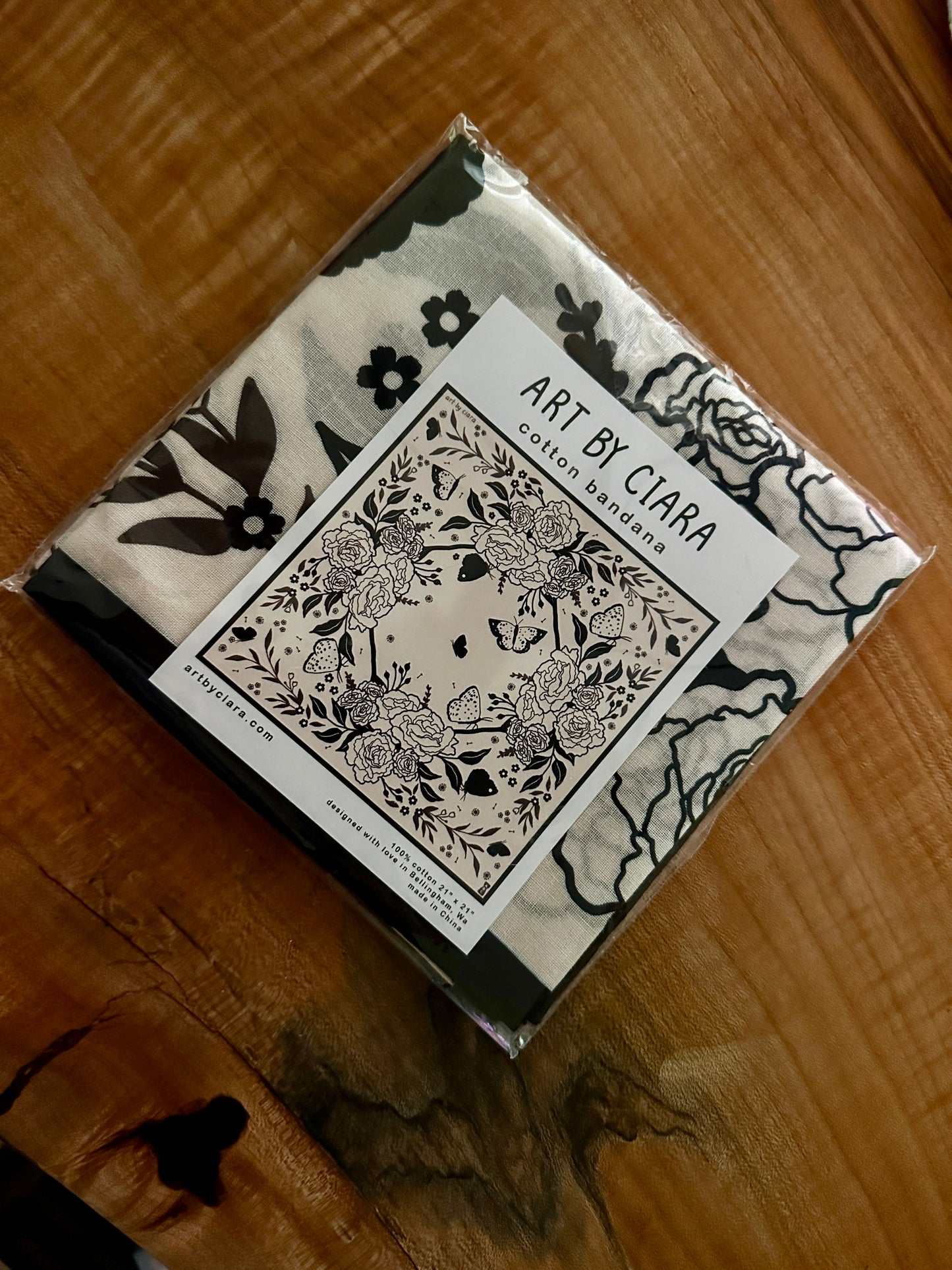 Art by Ciara Black Butterfly and Flowers Bandana