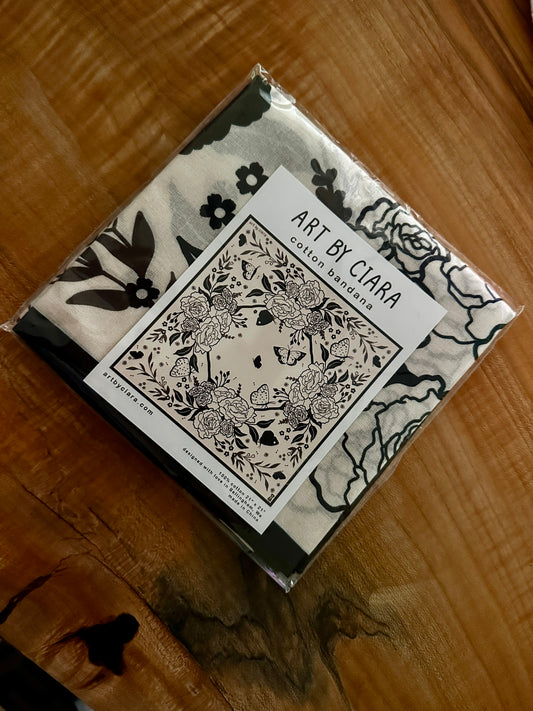 Art by Ciara Black Butterfly and Flowers Bandana